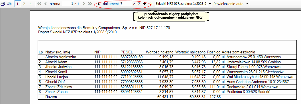 Składki NFZ - podgląd wydruku kilku dokumentów.