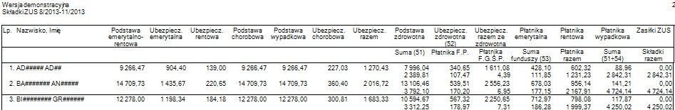 Składki ZUS - podgląd wydruku