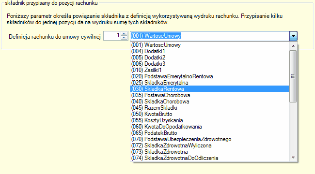 Zakładka "Definicje formularzy" - przypisanie składników do pozycji wydruku rachunku.