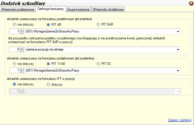 Zakładka "Definicje formularzy" dla składników ze wszystkich kategorii.