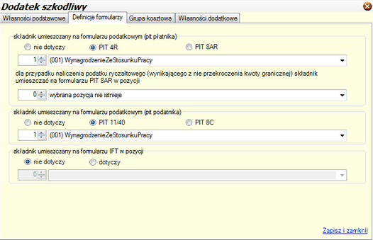 Zakładka "Definicje formularzy" dla składników ze wszystkich kategorii.