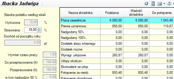 Pozycja "Płaca zasadnicza" wyróżniona tłem na liście wynagrodzeń.