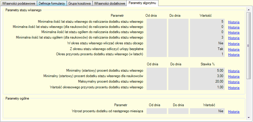 Składniki wynagrodzeń. Parametry algorytmu stażu własnego.