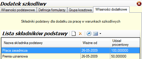 Zakładka "Własności dodatkowe" - tabela Listy składników podstawy.