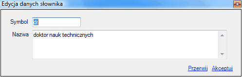 Słownik Cechy - okno edycji 
