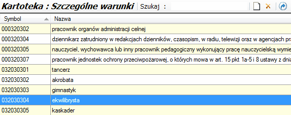 Słownik ZUS - kod pracy w szczególnych warunkach.