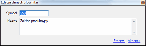 Grupy kosztowe - okno edycji danych słownika.