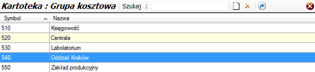 Tabela Słownika "Grupy kosztowe".
