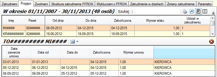 Stan zatrudnienia. Zakładka "Przyjęci"