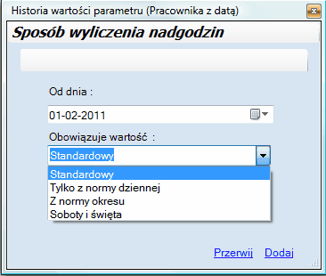 Okno Historii dla pracownika - wybór metody wyliczania nadgodzin.