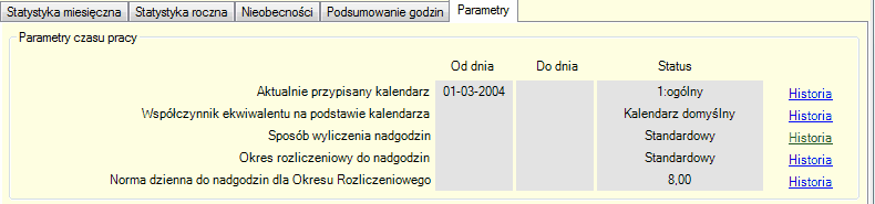 Statystyka czasu pracy. Zakładka "Parametry".