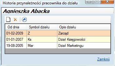 Struktura działów - okno historii przypisania pracownika