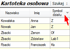 Kolumna "Symbol działu" w tabeli Kartoteki osobowej.