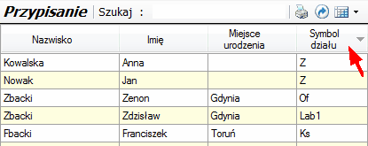 Kolumna "Symbol działu" w tabeli okna "Przypisanie".