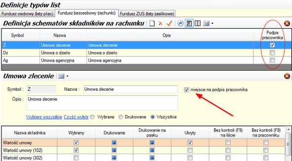 Konfiguracja/ Typy list naliczeń - zaznaczona opcja miejsca na podpis pracownika np. na umowie agencyjnej.
