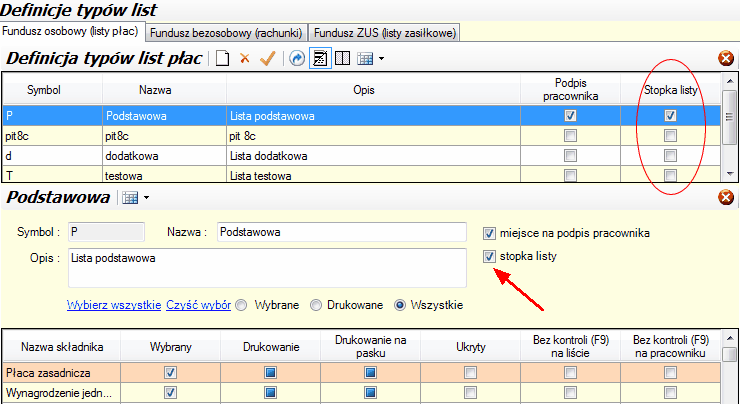 Konfiguracja/ Typy list naliczeń - zaznaczona opcja stopki listy na wydruku dla danego typu list.