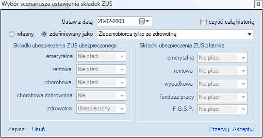 Okno wyboru spenariusza składek ZUS