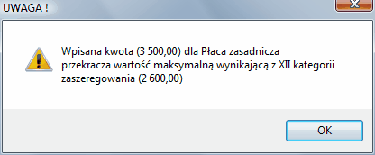 Okno info o przekroczeniu stawek zaszeregowania