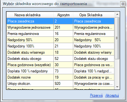 Umowa o pracę - okno wyboru składnika wynagrodzenia.