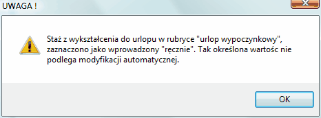 Okno info o ręcznym wpisaniu stażu nauki