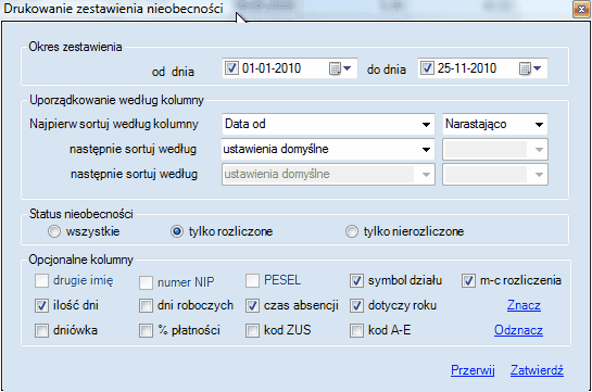 Urlop wypoczynkowy - okno przygotowania wydruku zestawienia nieobecności pracownika.