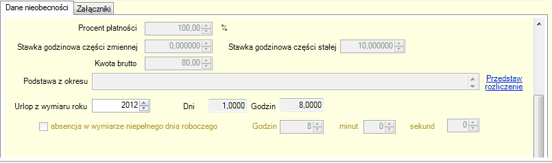 Urlop wypoczynkowy - okno szczegółowe pozycji nieobecności.