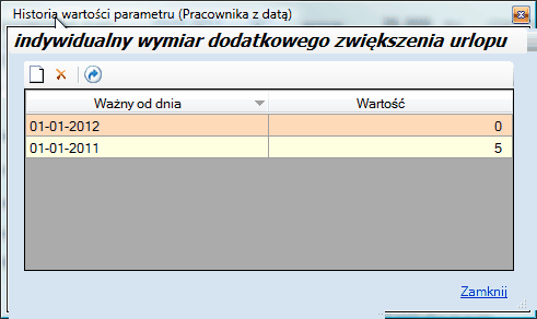 Krok 1 - ustalenie warunków początkowych w oknie Historii parametru "Urlop dodatkowy w wymiarze urlopu wypoczynkowego"