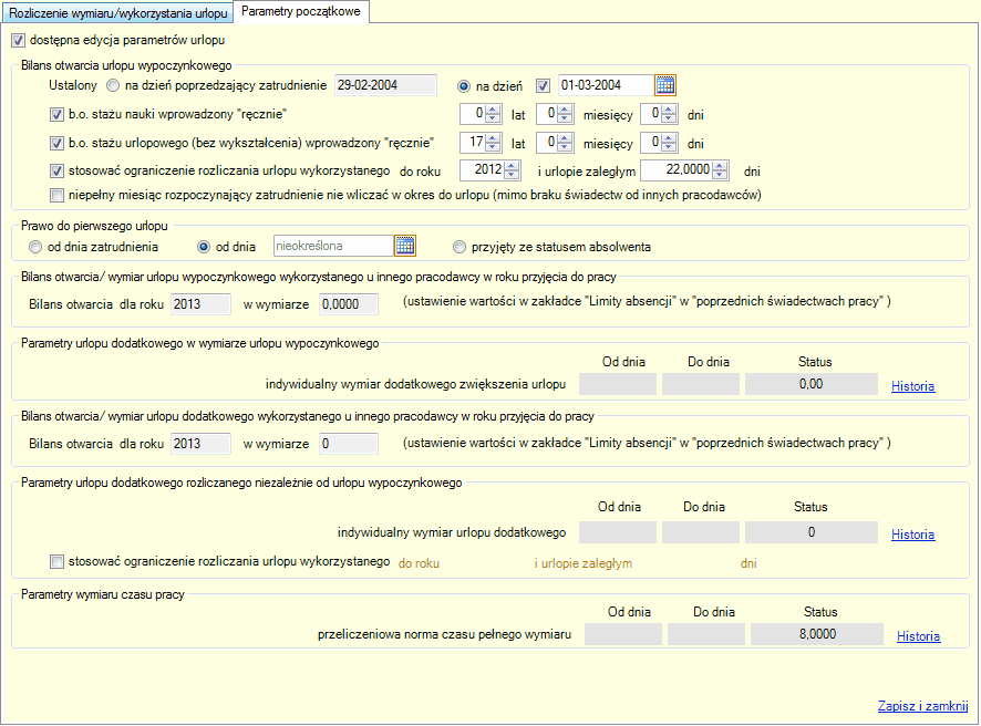 Urlop wypoczynkowy - zakładka "Parametry początkowe"