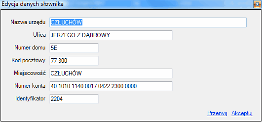 Urzędy Skarbowe - okno edycji danych słownika