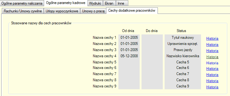 Ustawienia programu - zakładka "Cechy dodatkowe pracowników"