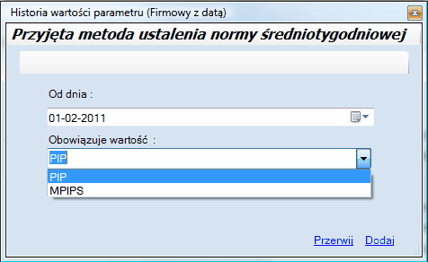 Okno Historii dla całej firmy - wybór metody ustalania normy średniotygodniowej.