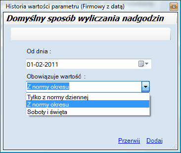 Okno Historii dla całej firmy - wybór jednej z trzech metod wyliczania nadgodzin.