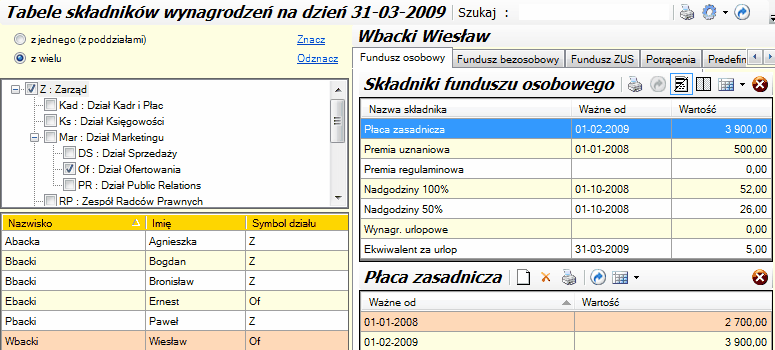 Wartości składników wynagrodzeń - widok ogólny