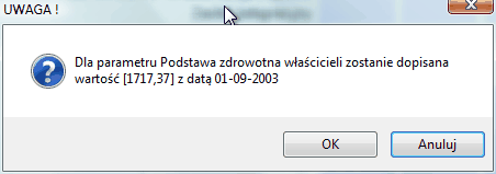 Przykładowe okno - pytanie o dopisanie z tabeli producenta archiwalnej wartości stałej 