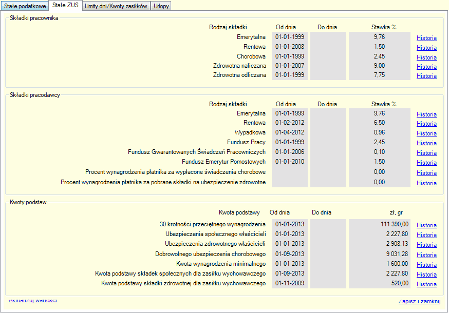 Wartości stałe. Zakładka "Stałe ZUS"