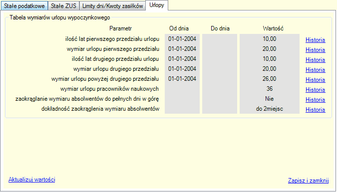 Wartości stałe. Zakładka "Urlopy".