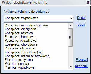 Okno wyboru dodatkowej kolumny w tabeli 