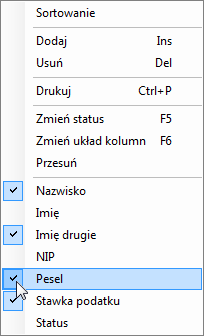 Wybór dodatkowej kolumny poprzez menu kontekstowe