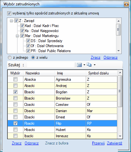 Kontrolka wyboru pracownika z działu