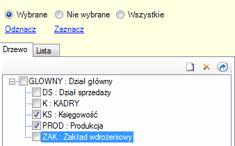 Wybór pracowników przypisanych/lub nie do danych działów