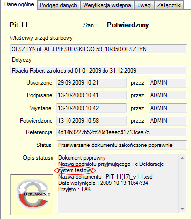 Status - dokument wysłany na serwer testowy.