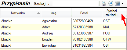 Kolumna "Symbol zakładu" w tabeli okna "Przypisanie".