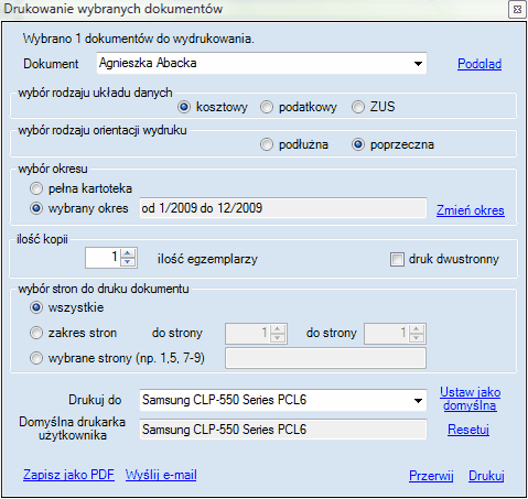 Okno przygotowania wydruku danego dokumentu