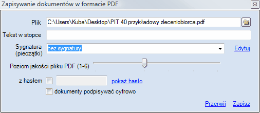 Okno zapisania dokumentu w formacie PDF.
