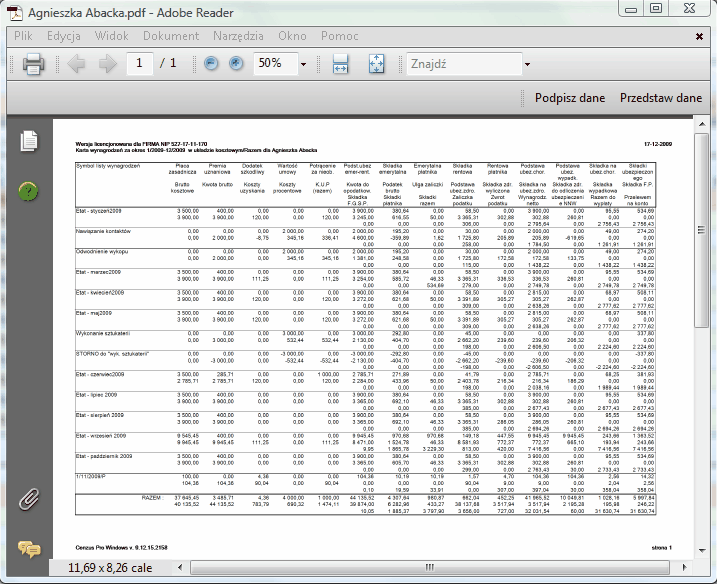 Wydruk przekonwertowany z programu 'CPW" na plik w formacie PDF - otwarty w ADOBE READER.