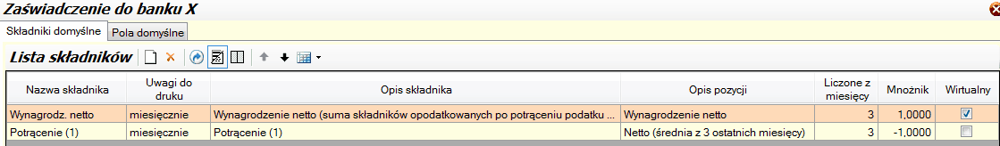 Przykład Zaświadczenia do banku X - zdefiniowane składniki