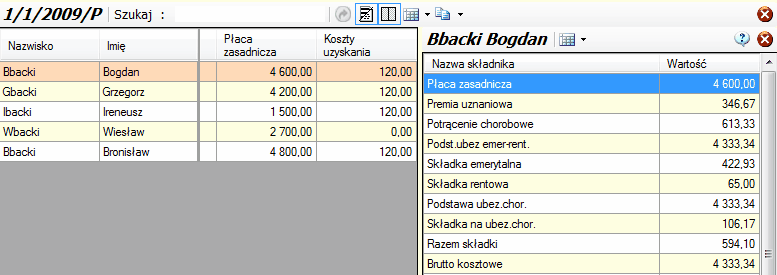 Zestawienia list - okna poziomu III