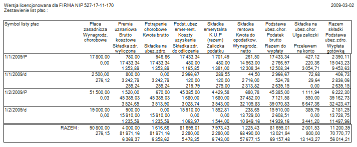 Zestawienia list - podgląd wydruku z okna poziomu I