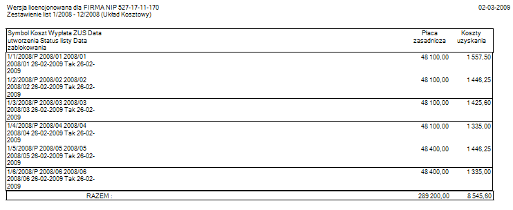 Zestawienia list - podgląd wydruku z okna poziomu II