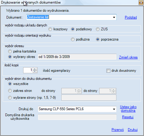 Zestawienia list - okno przygotowania wydruku z poziomu I